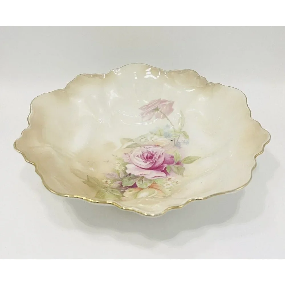Vintage RS Germany Floral Bowl 9” Roses Enamel Handpainted Scalloped Gold Trim